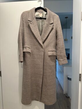H&M Taupe Plaid Long Wool Blend Coat